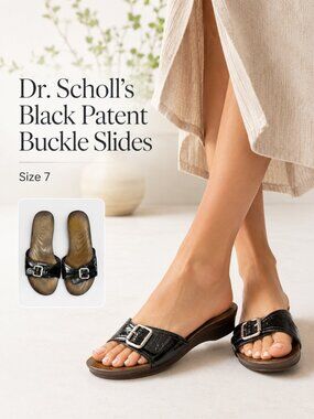 Dr. Scholl’s Black Patent Buckle Slide Wedge Sandals Size 7 / EU 38